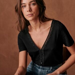 Sezane Madelene Black V-Neck Lace Tee